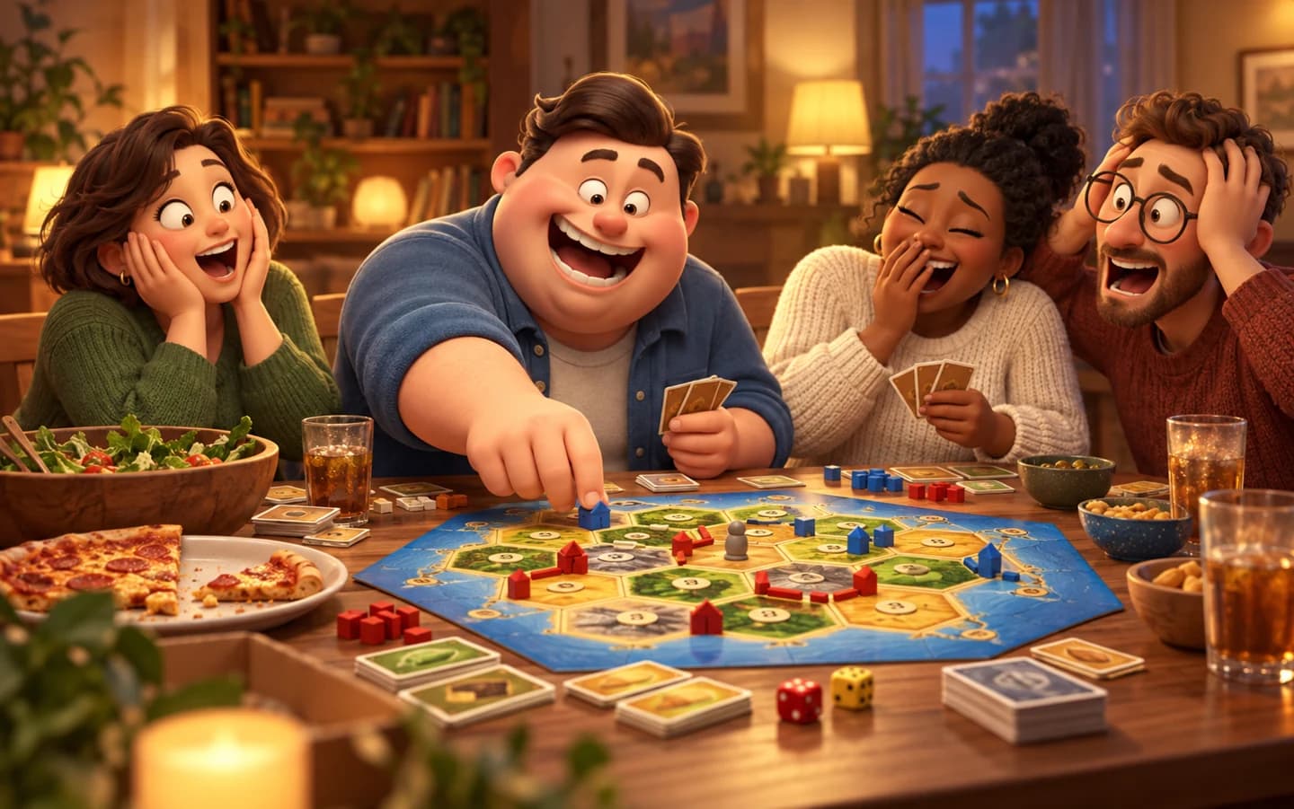 Playful 3D illustration of friends sharing dinner and a game of Catan