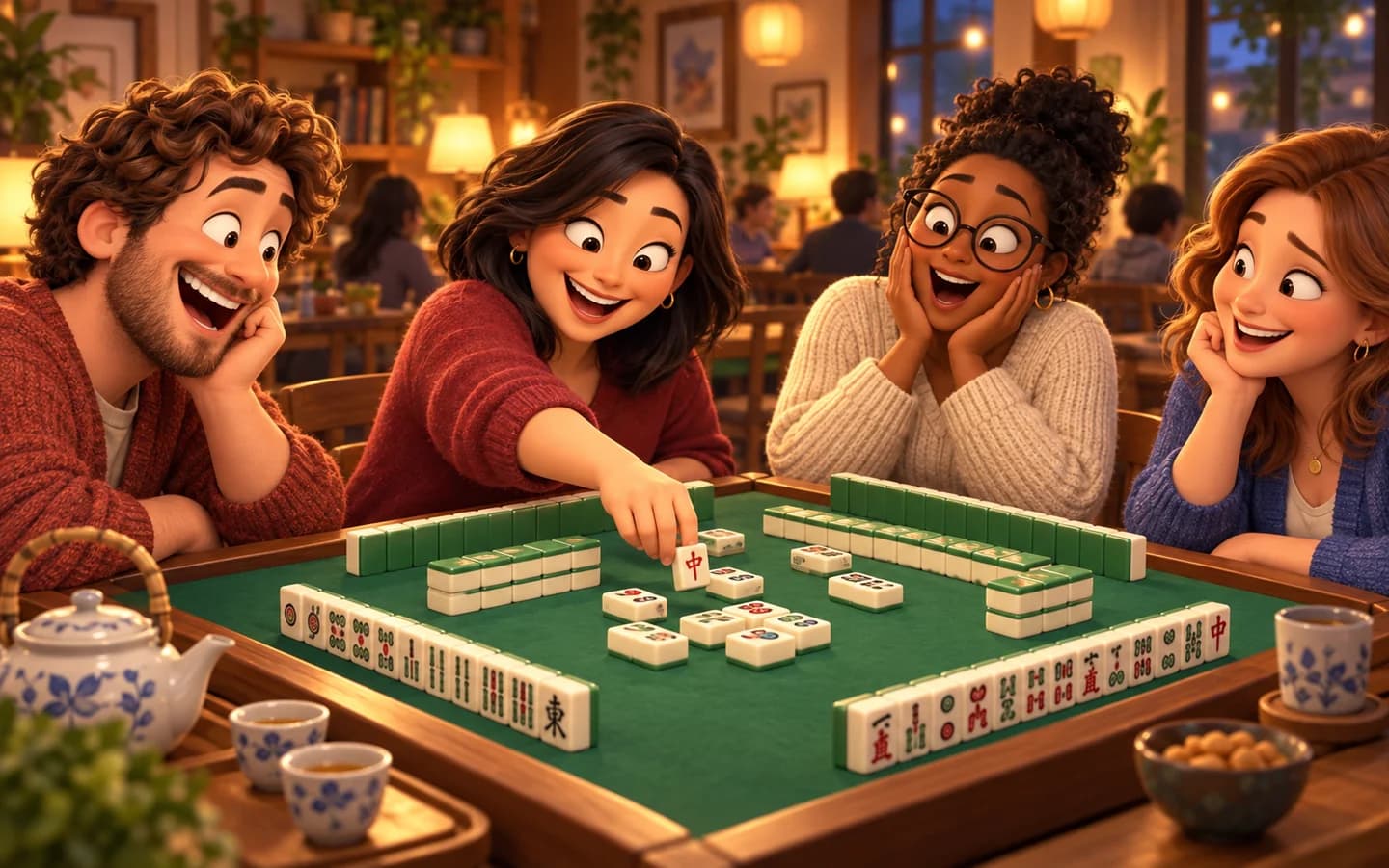 Playful 3D illustration of four friends playing Mahjong and sharing tea at a café