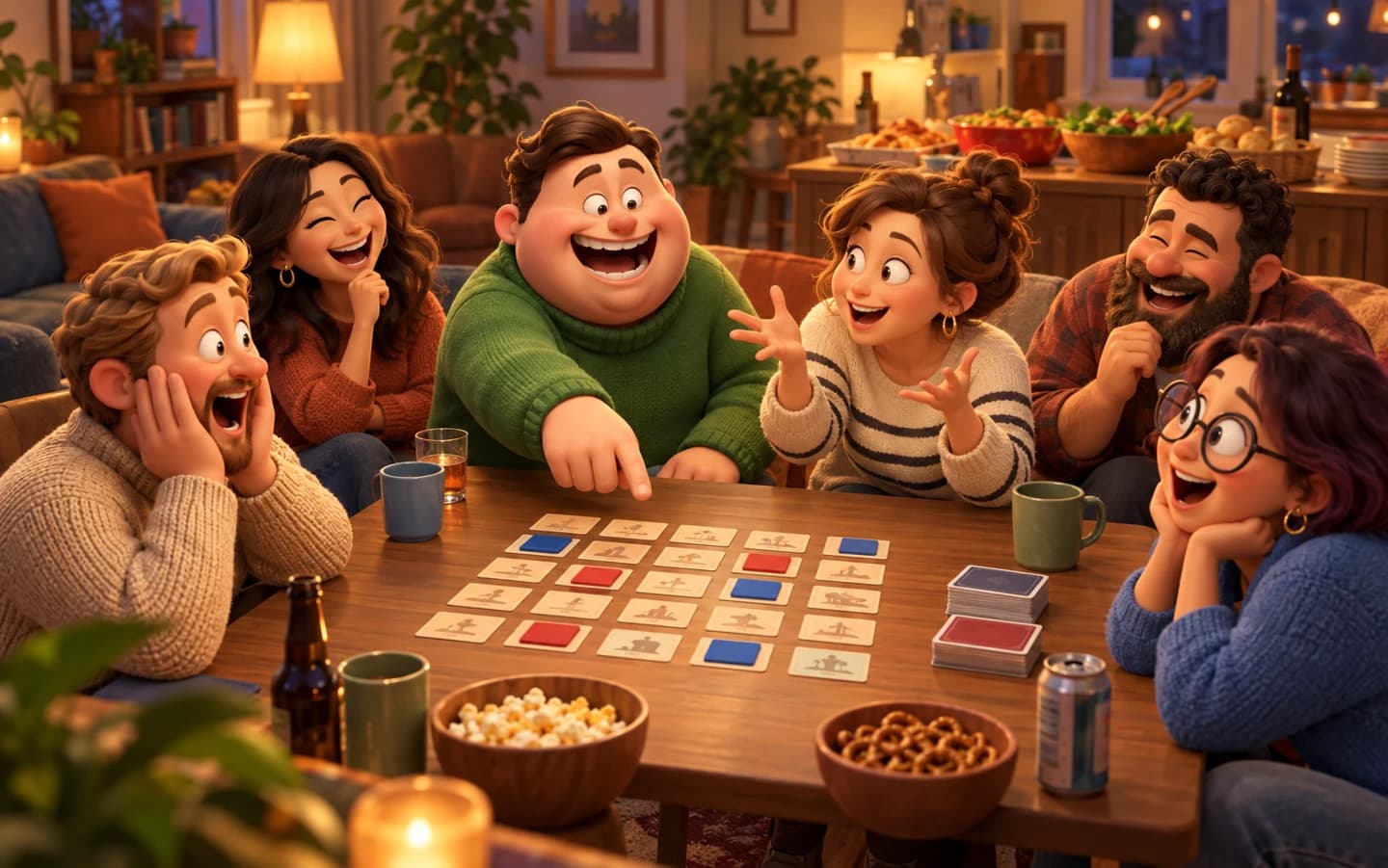 Playful 3D illustration of friends playing Codenames at a potluck