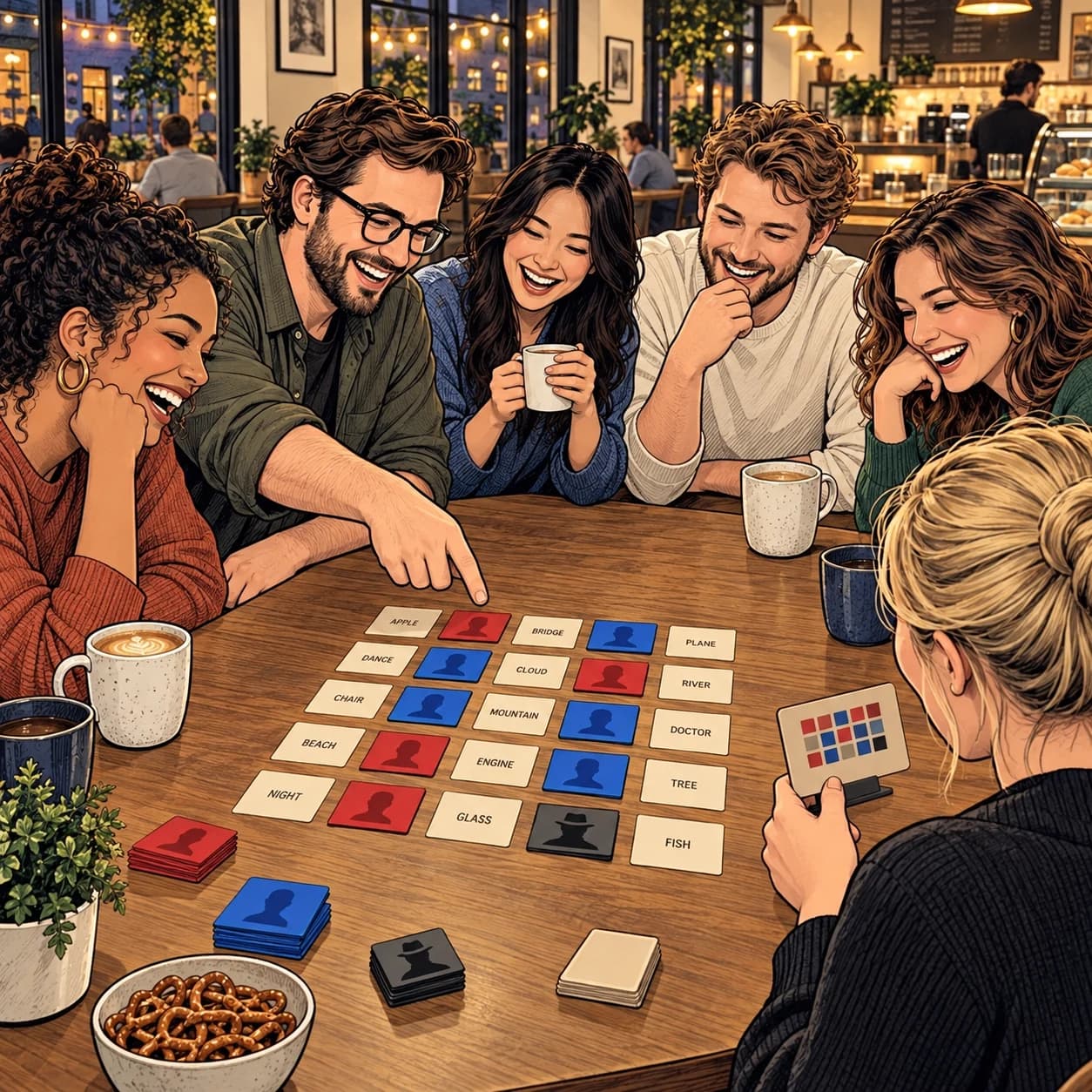 Comic illustration of friends laughing over a game of Codenames