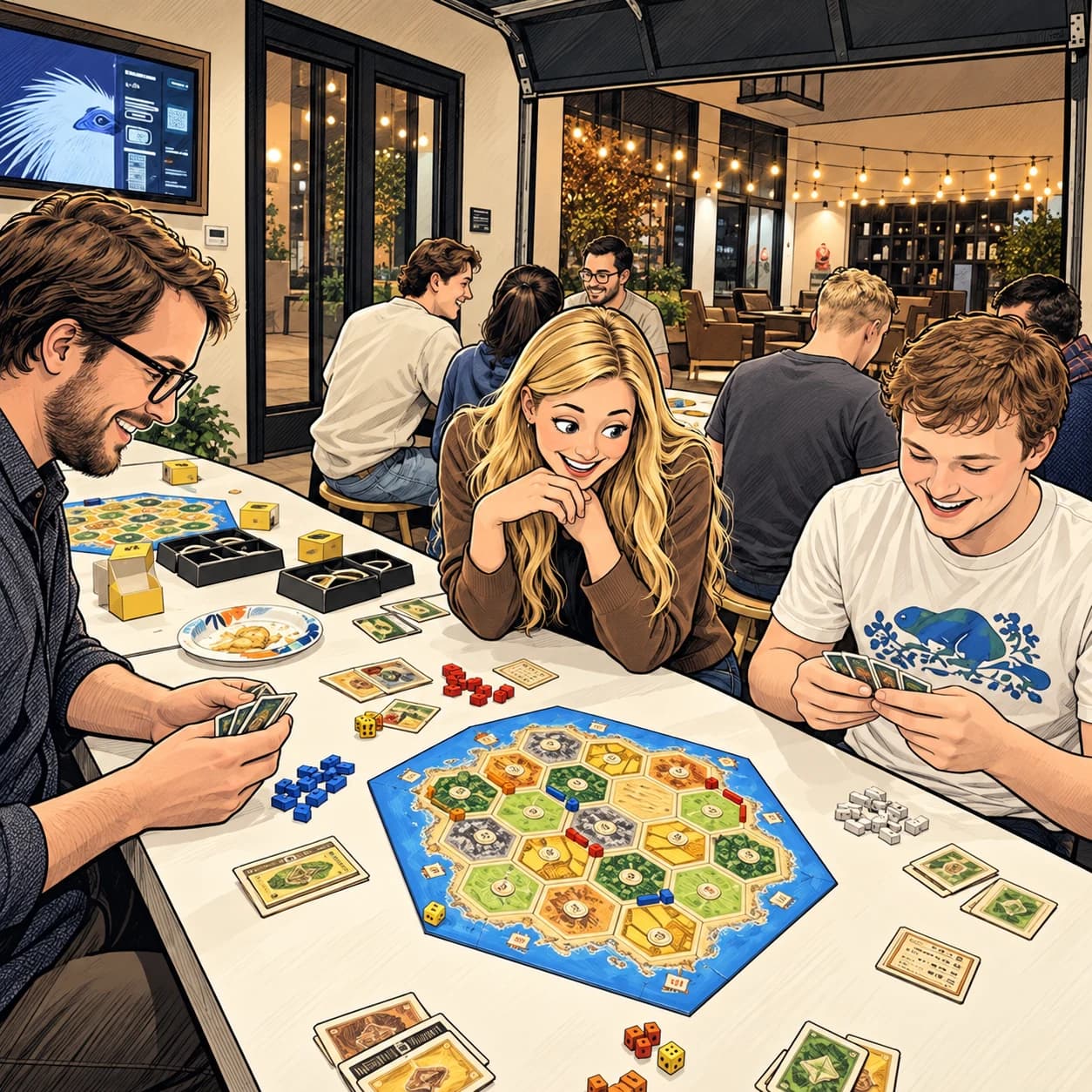 Comic illustration of people playing Catan together at a café