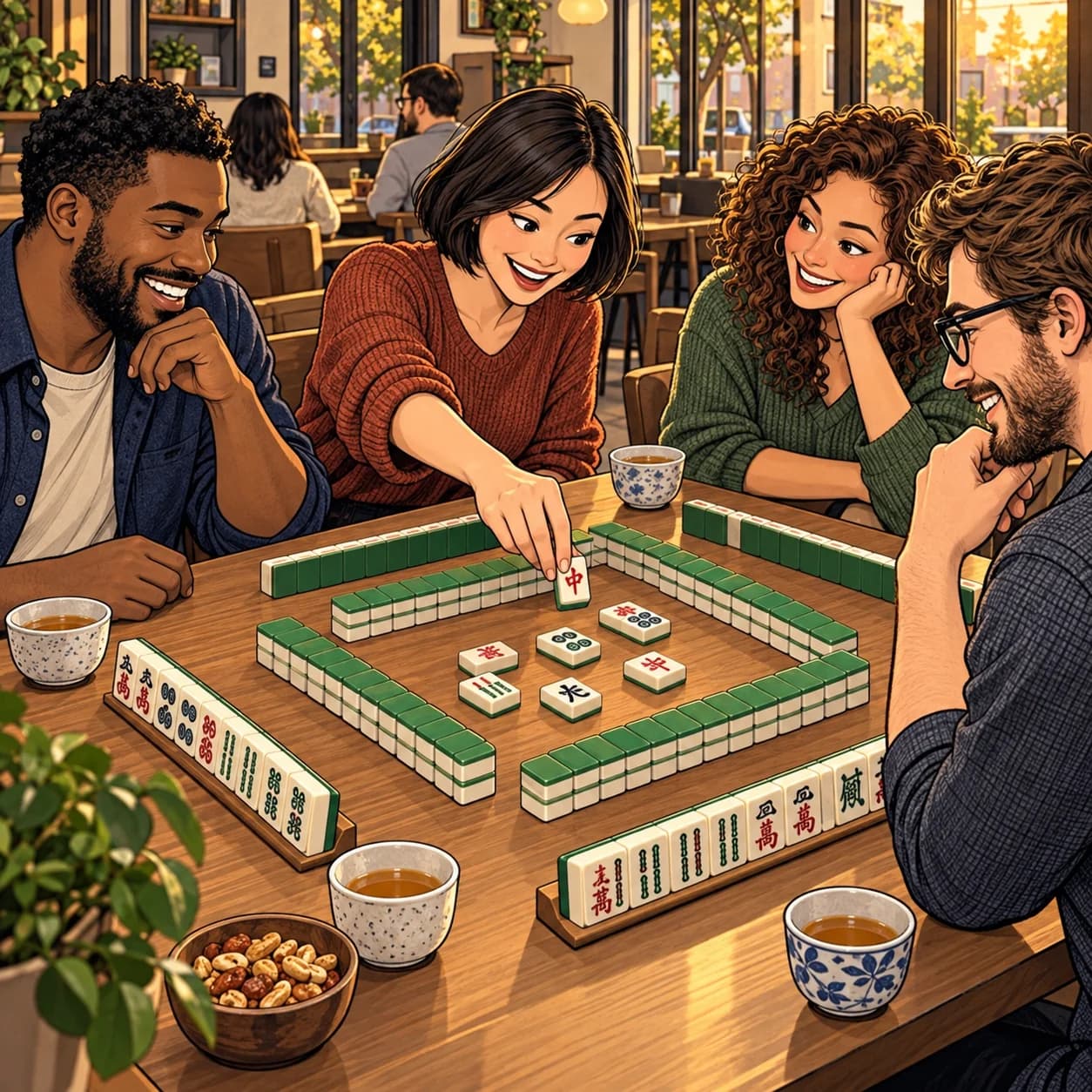 Comic illustration of four friends playing Mahjong with tiles and tea at a café