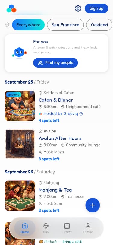Grooviq app preview with city filters, Find my people, and example Catan, Avalon, Mahjong, and potluck nights.